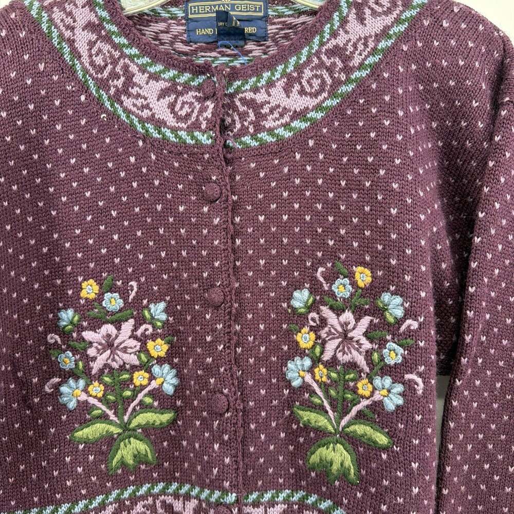 Herman Geist Purple Hand Embroidered Floral Cardigan Sweater Womens L Wool Blend - Picture 2 of 13